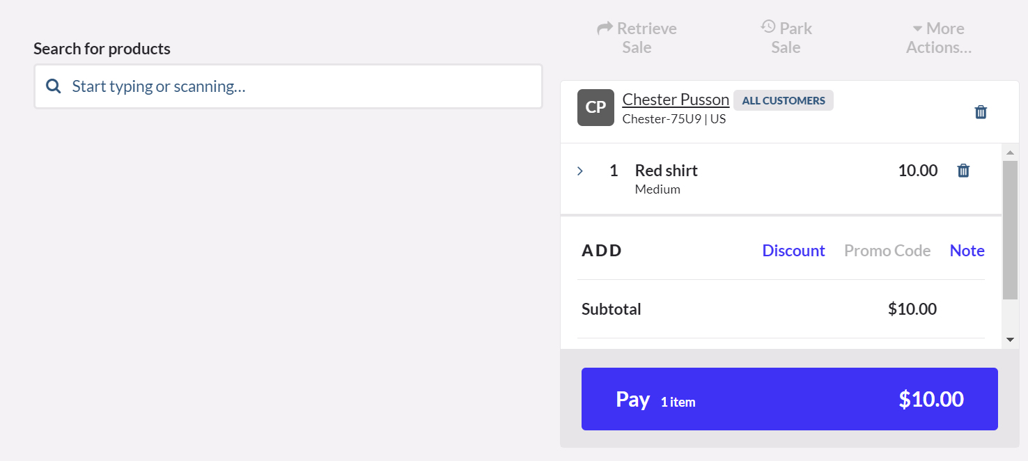 Vend checkout screen with item and payment details.