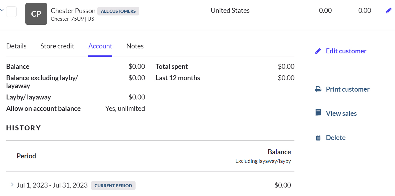 Vend customer profile with account details and balances.