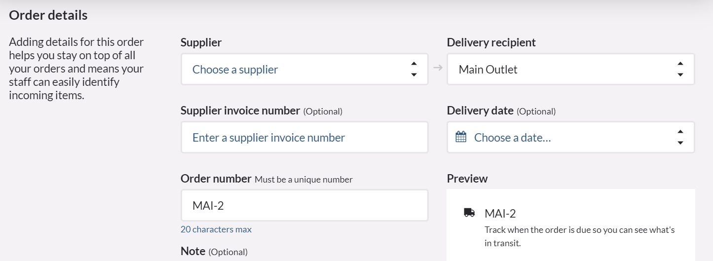 Vend purchase order screen with supplier and delivery details.