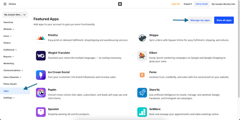 Viewing Weebly's third-party app integrations under the Apps tab.