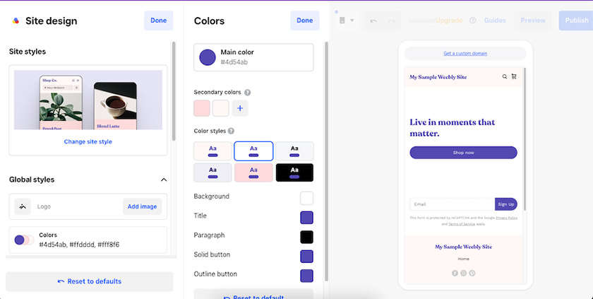 Customizing your site's colors under the Colors tab.