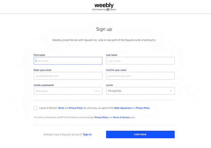 Weebly prompt to sign up for an account