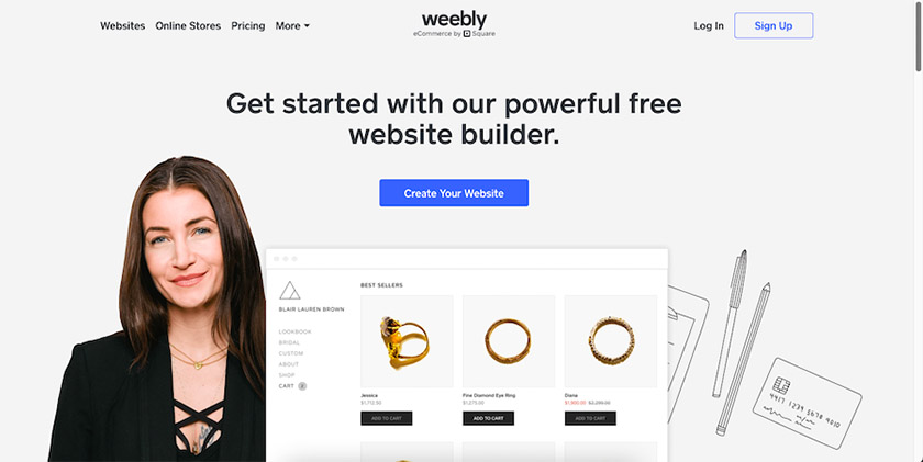 The home page of Weebly's website with a "create your website" button