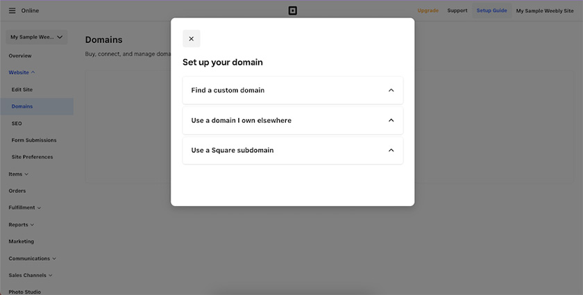 Popup box with different methods to connect a domain.