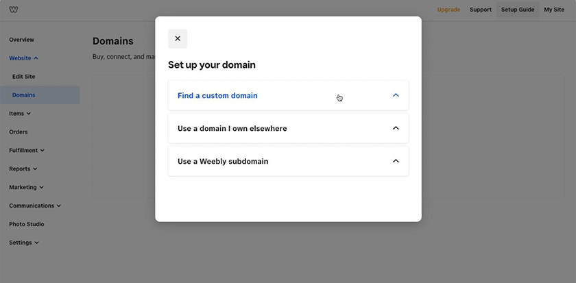 Pop up window to choose a domain type for your website.