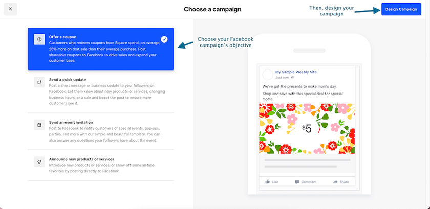 Setting up a Facebook campaign on Weebly.