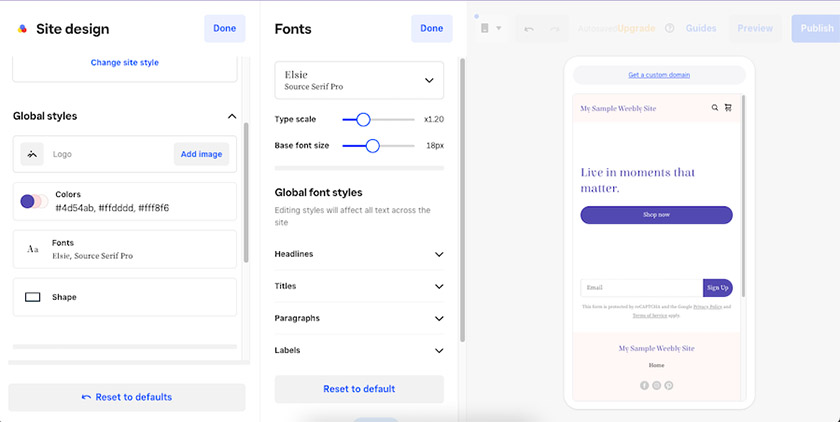 Customizing your site's fonts under the Fonts tab.