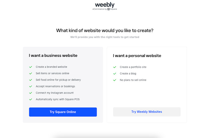Weebly prompt to identify the kind of website you need