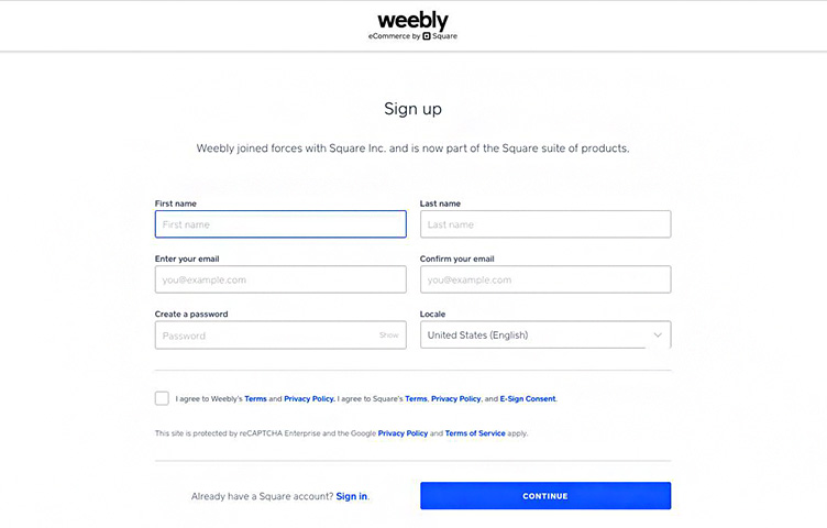 Weebly's sign up page to create an account.