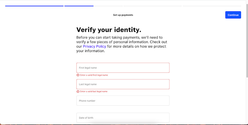 Form to fill in your details to identify your identity on Square.