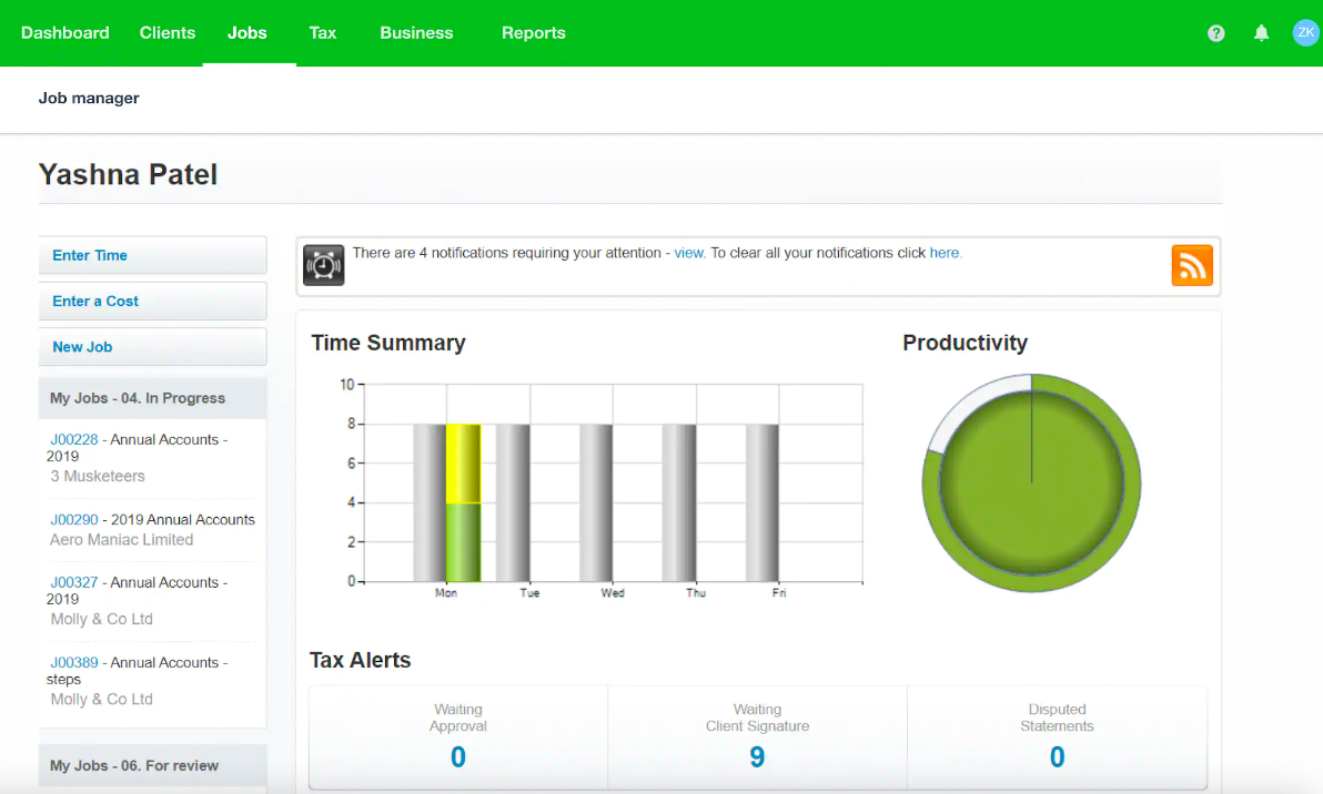 Xero Practice Manager's dashboard showing data like Time Summary and Productivity.