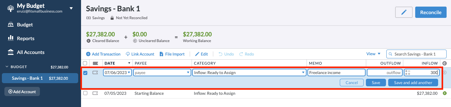 Adding inflows to YNAB directly to account where the money has been wired.