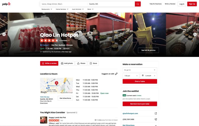 A screenshot of a Yelp for Business listing.