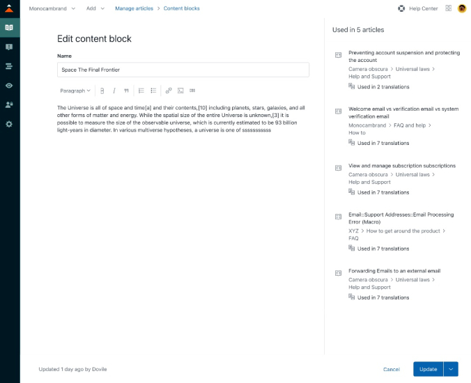 Creating a help center article in Zendesk.