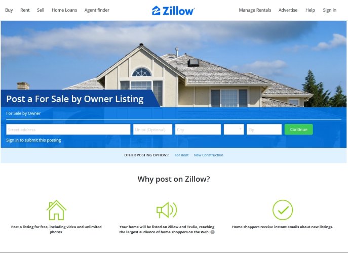 The For Sale by Owner signup page on Zillow.