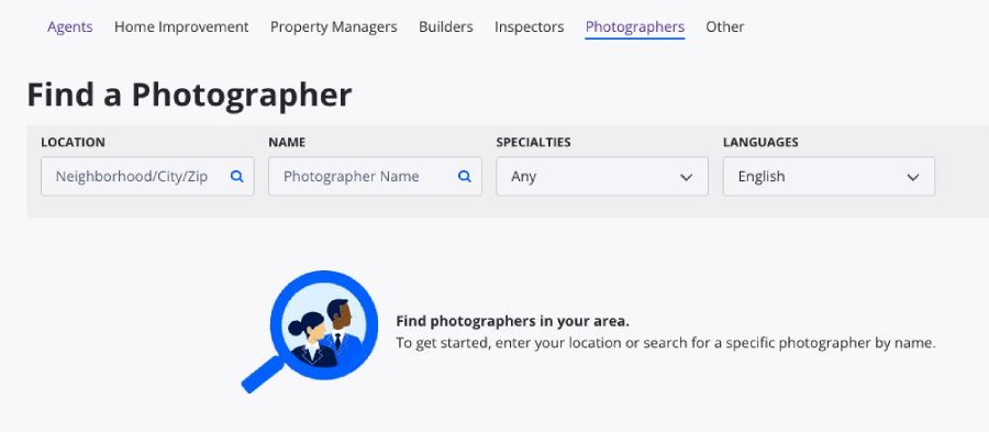 Option to search for a photographer using Zillow.