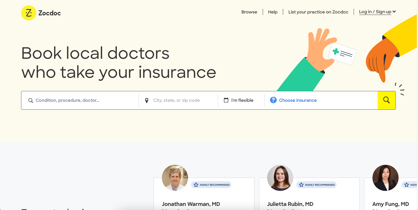 Home page of the ZocDoc website.