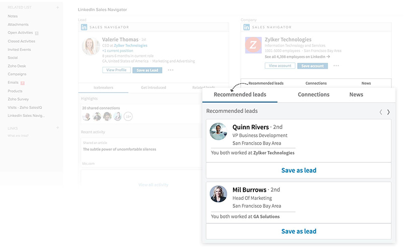 Finding leads through the LinkedIn Sales Navigator integration in Zoho CRM.
