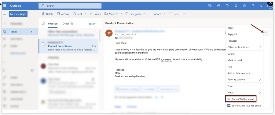 An example of Zoho CRM Outlook Integration for appointment setting via email.