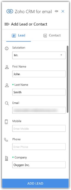 Managing a Zoho CRM lead record from Outlook.