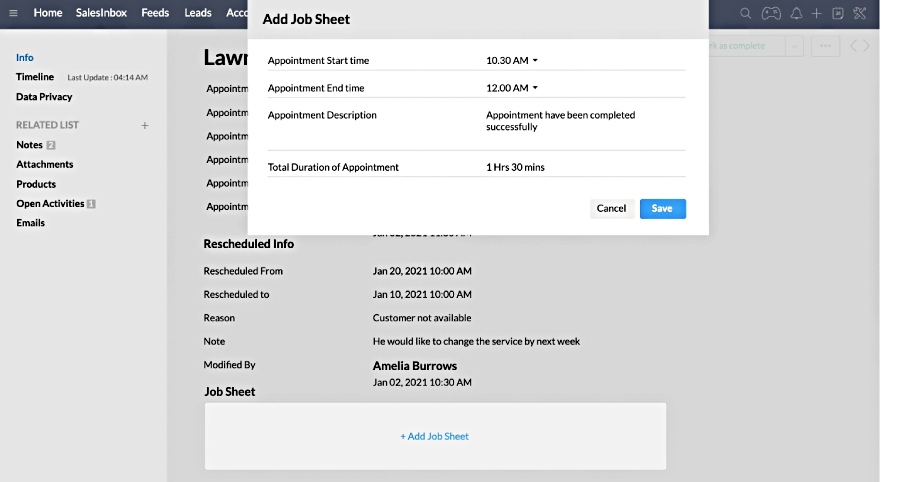 Tracking and scheduling a job in Zoho CRM.