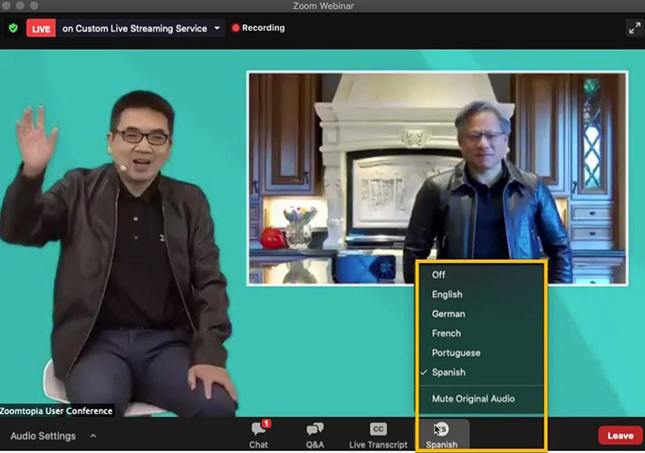 A live Zoom webinar showing the "Interpretation" options provided on the main toolbar at the bottom of the screen.