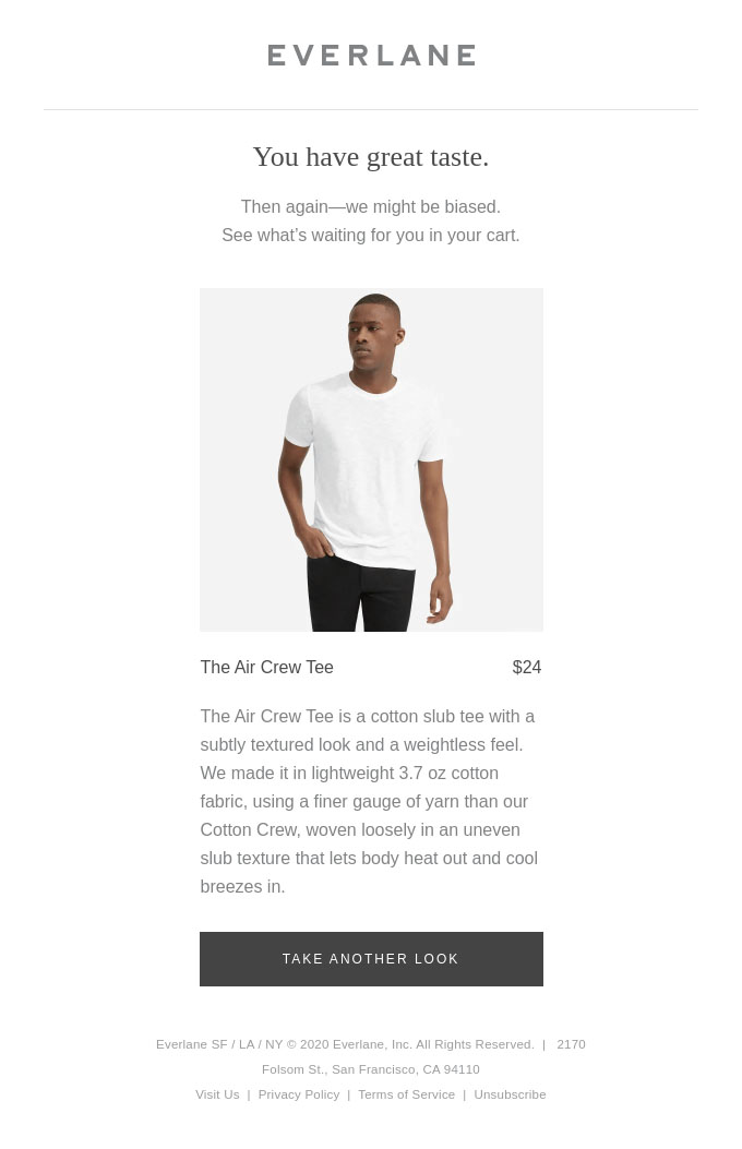A minimalist cart abandonment email from Everlane featuring a model wearing a plain shirt.