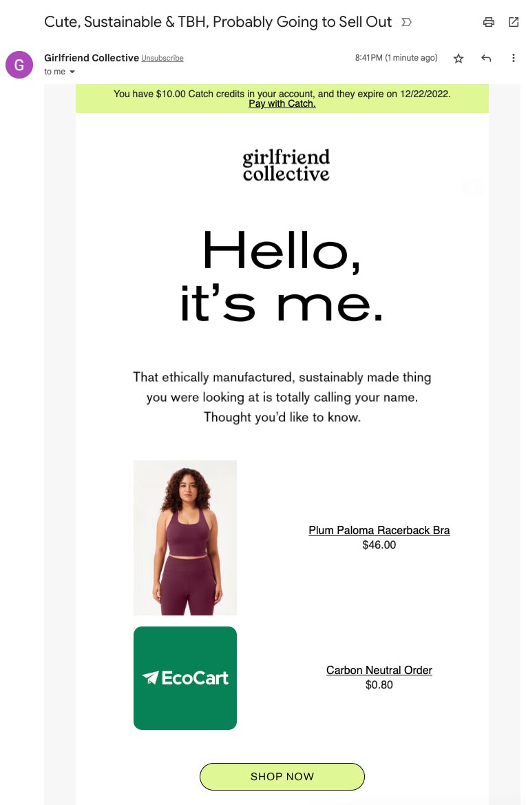 Abandoned cart email from Girlfriend Collective, featuring sustainable activewear.