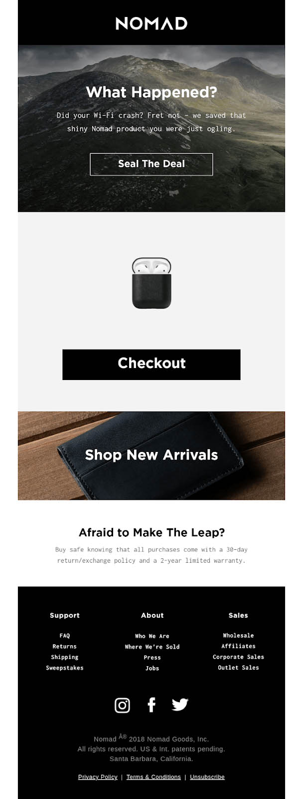 Abandoned cart email from Nomad Goods highlighting a pair of AirPods and a link to new arrivals.