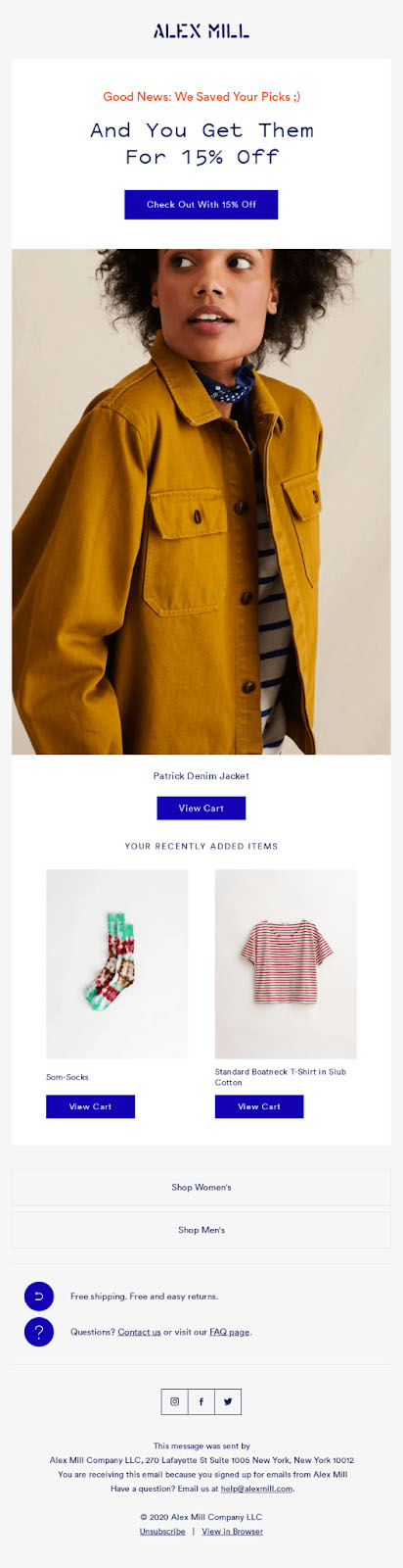 Alex Mill's cart abandonment email with a discount and selection of new arrivals.