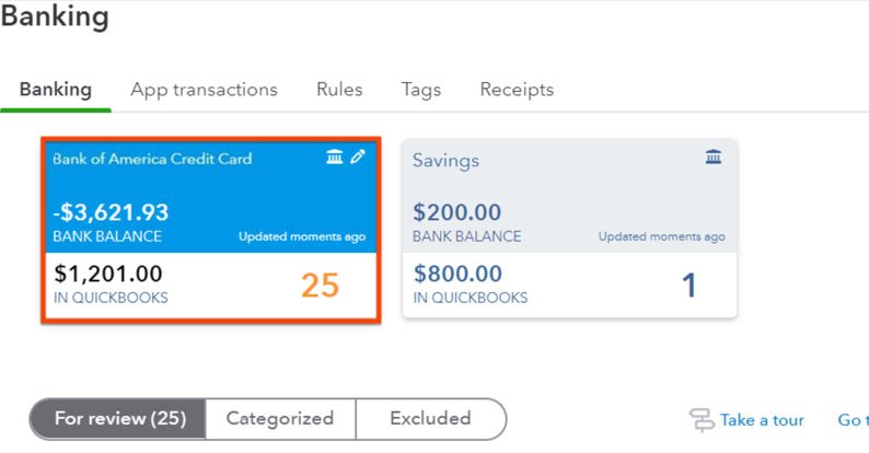 Banking Center highlighting the summary box for a specific credit card in QuickBooks.