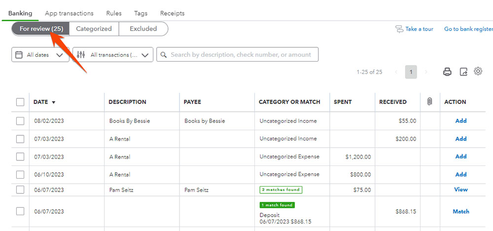 Banking center in QuickBooks highlighting the For review tab.
