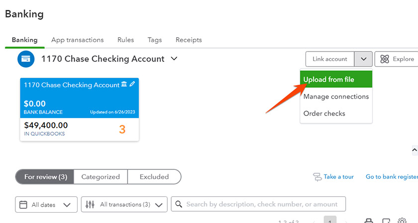 Banking center in QuickBooks highlighting the Upload from file button.