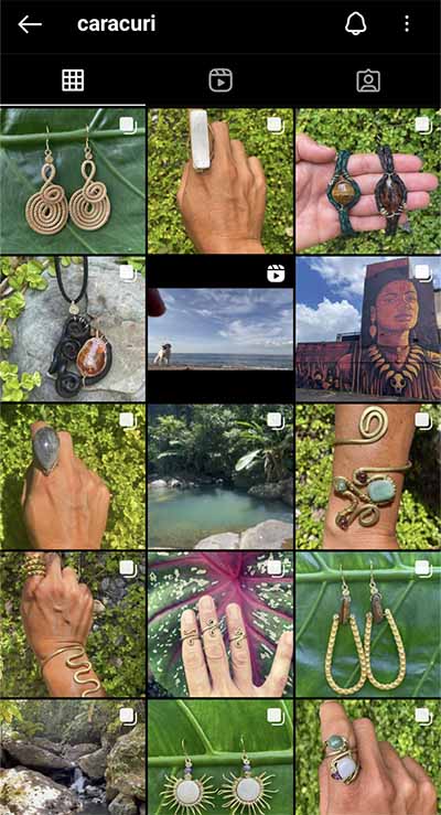 Caracuri's Instagram feed featuring shoppable jewelry posts.