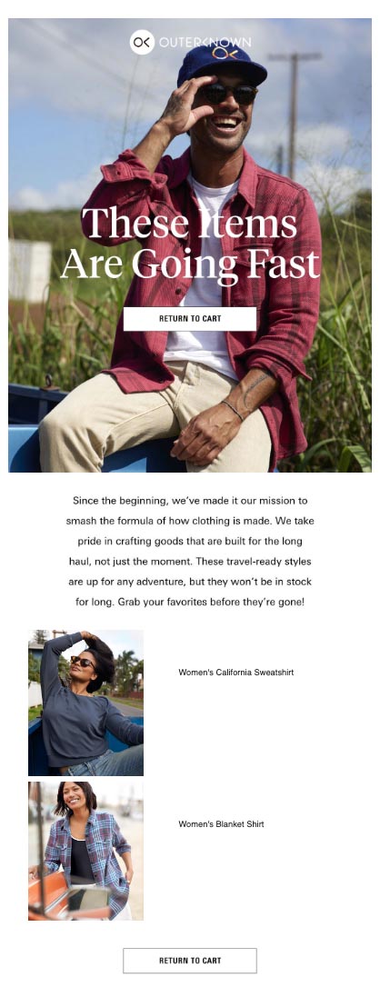 Cart abandonment email from brand Outerknown featuring people posing in Outerknown clothing.