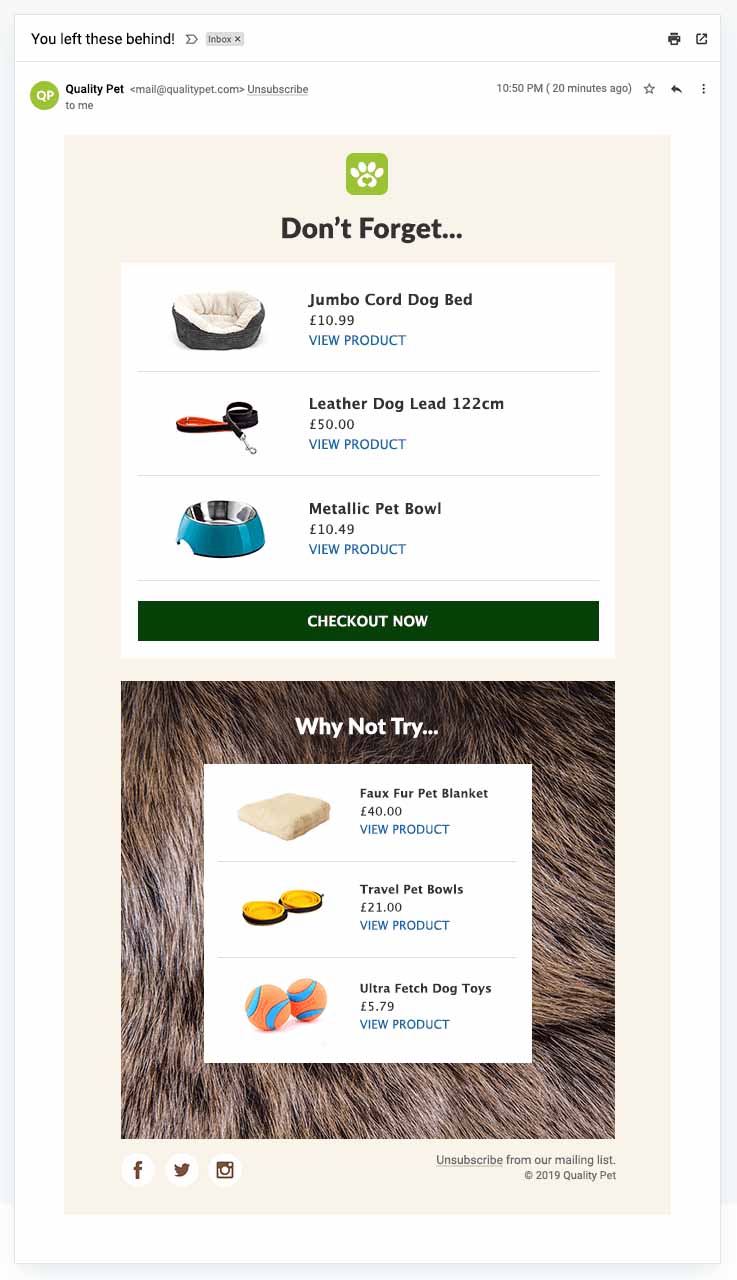 Cart abandonment email from QualityPet featuring dog products.