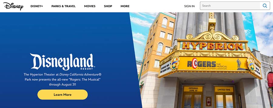 Disneyland website homepage.