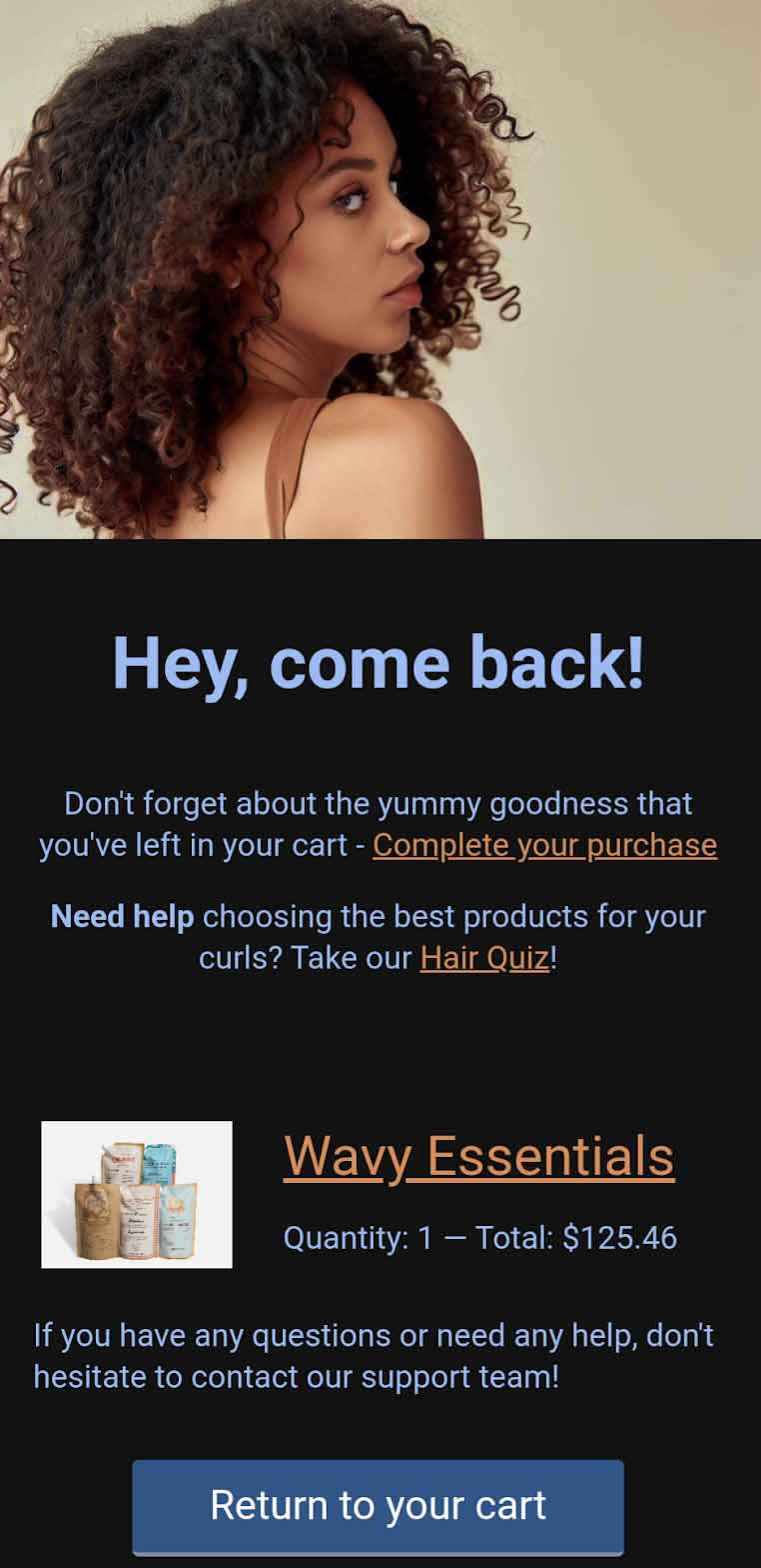 Hair brand Ecoslay cart abandonment email featuring hair products.