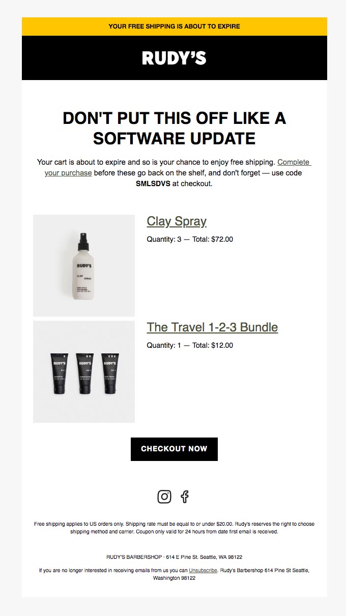 Hair care brand Rudy's abandoned cart email with a checkout code for free shipping.