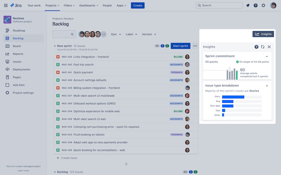 Jira interface showing a list of backlog issues and a dialog box displaying sprint insights.