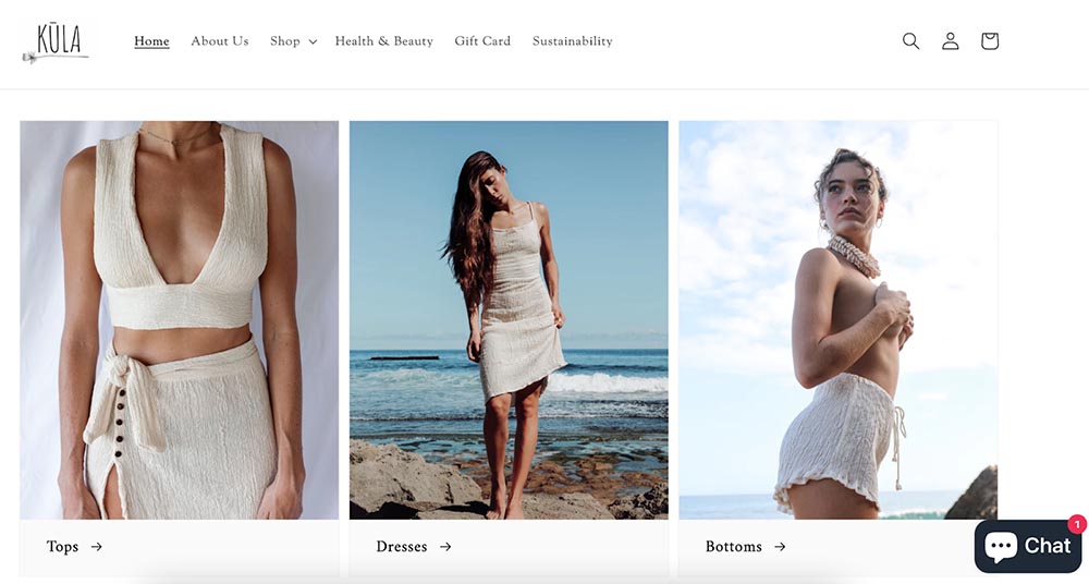 Kūla's website featuring online product offerings.