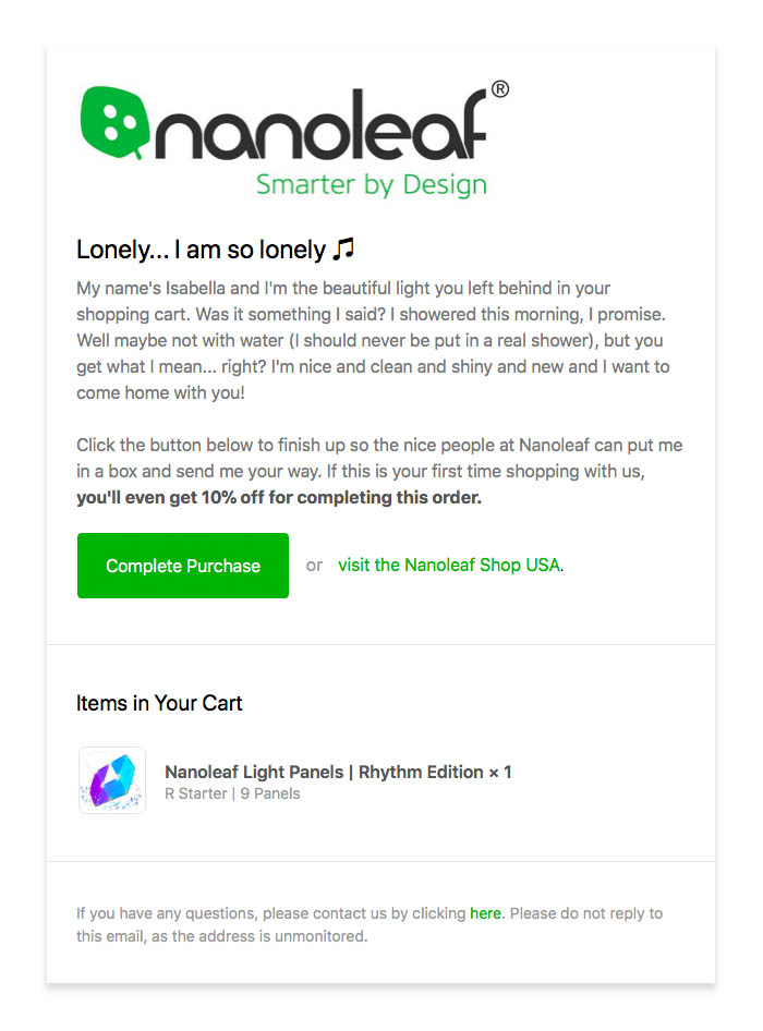 Nanoleaf abandoned cart email with creative copy and a CTA for a 10% discount.