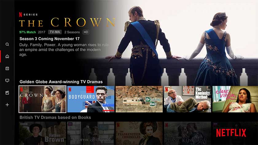 Netflix home page with The Crown as the header show. 