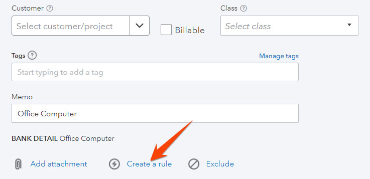 New transaction setup form in QuickBooks highlighting the Create a rule button.