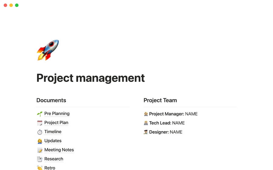 Notion interface showing a project management template.