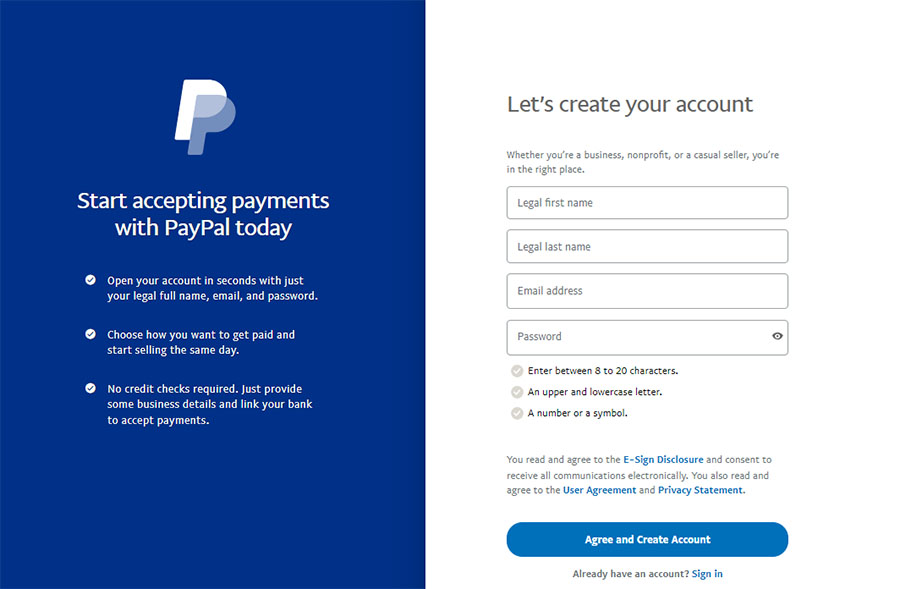 PayPal Business account creation page.