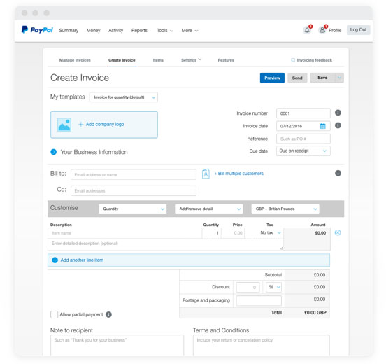 PayPal Business invoice creation page.