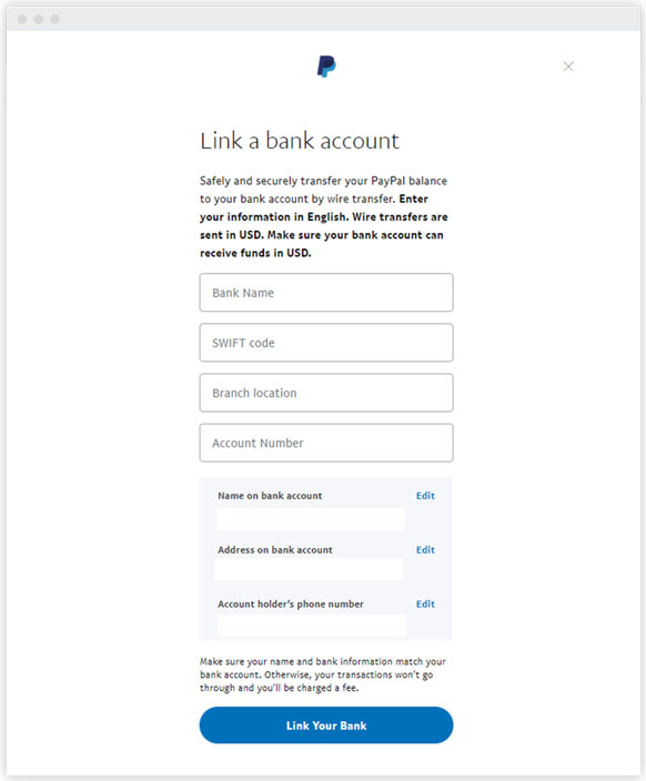 PayPal Business page to link bank account.