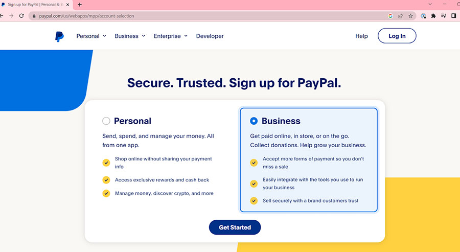 PayPal sign up page to select Personal or Business.
