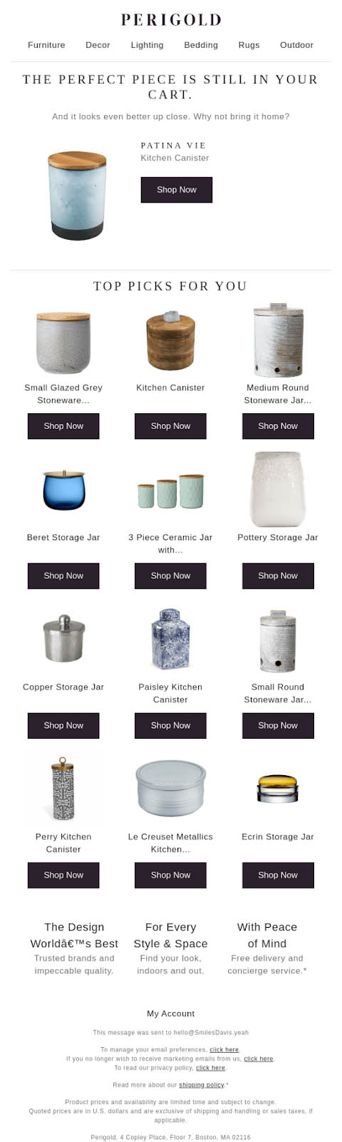 Perigold home goods featured in its cart abandonment email with "Shop Now" buttons for each item